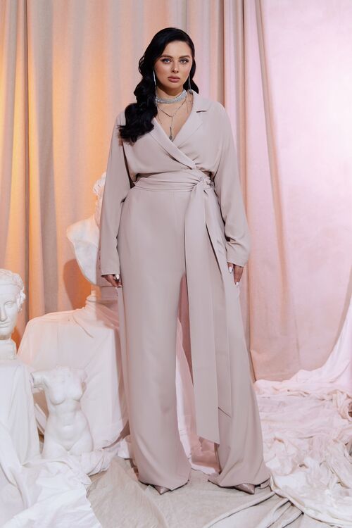 Beige jumpsuit made of polyviscose suiting fabric plus size