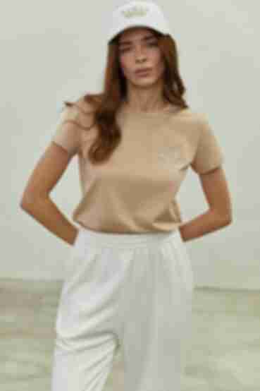 Beige knitted T-shirt with embroidery