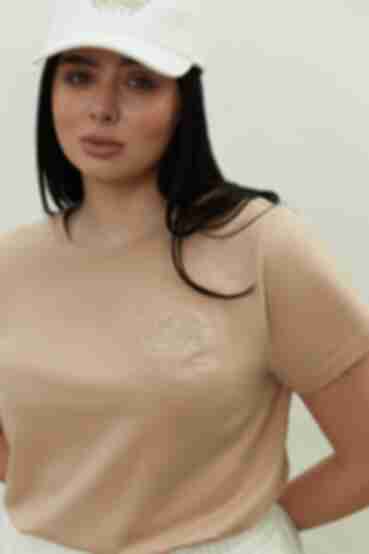 Beige knitted T-shirt with embroidery plus size