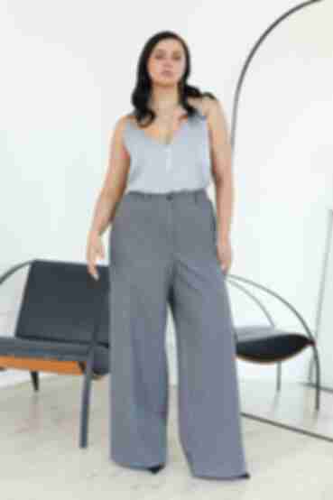 Gray and black straight knitted trousers in small herringbone plus size