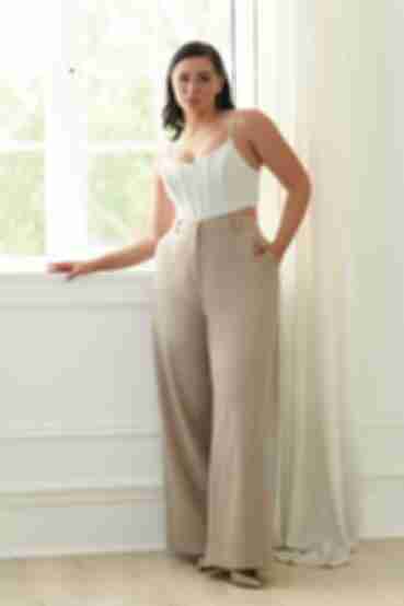 Mocha and beige straight knitted trousers in small herringbone plus size
