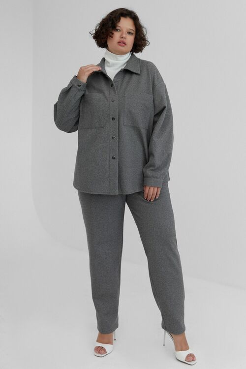 Gray and milky knitted suit with shirt and tapered trousers in small herringbone plus size