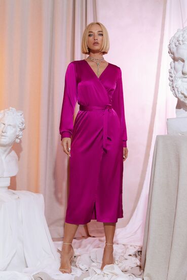 Fuchsia midi wrap dress made of artificial silk