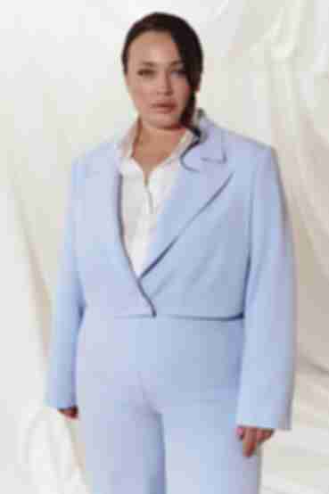 Жакет укорочений з костюмної тканини блакитний великий розмір
