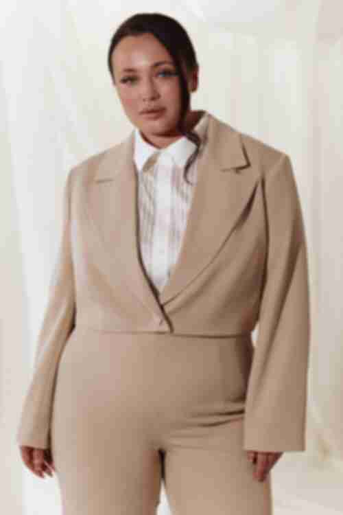 Beige cropped jacket made of suiting fabric plus size