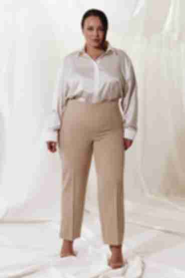 Beige high-rise trousers made of suiting fabric plus size
