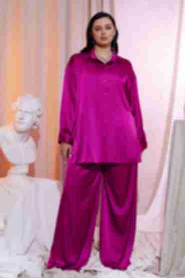 Fuchsia suit with blouse and trousers made of artificial silk plus size