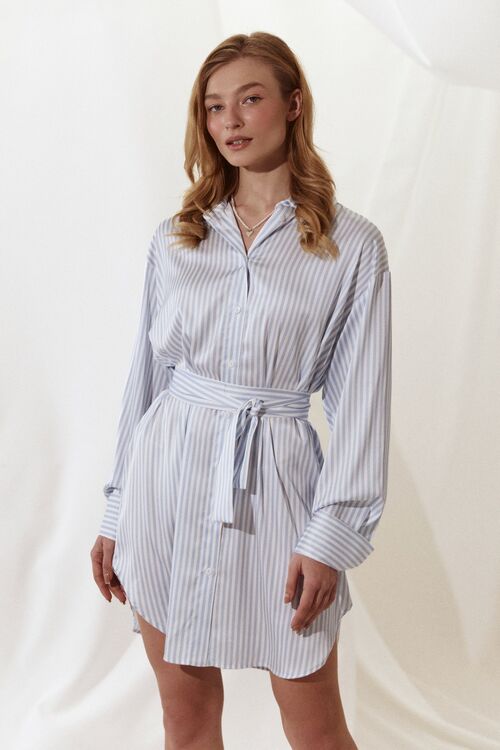 Shirt dress made of artificial silk in light blue stripes on milky background