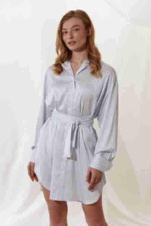 Shirt dress made of artificial silk in light blue stripes on milky background