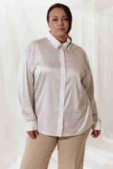 Блуза штучний шовк бежеві смужки на молочному великий розмір