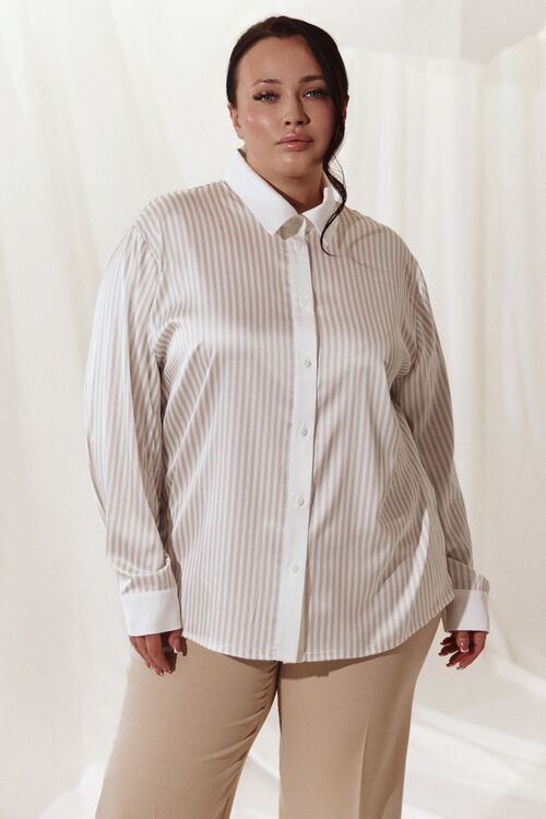 Blouse made of artificial silk in beige stripes on milky background plus size