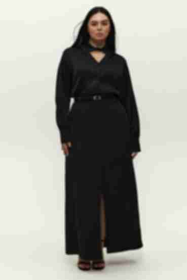 Black pencil skirt with slit made of suiting fabric plus size