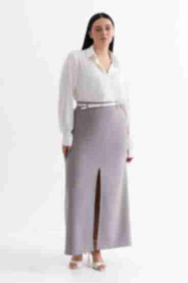 Gray pencil skirt with slit made of suiting fabric plus size