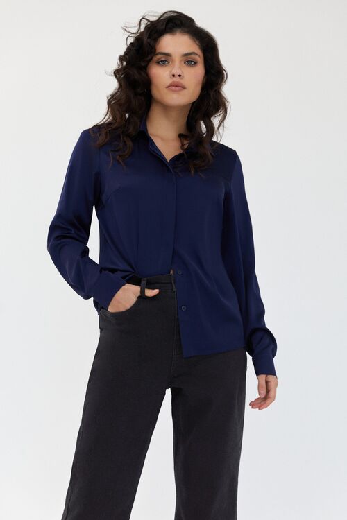 Dark blue blouse made of artificial silk