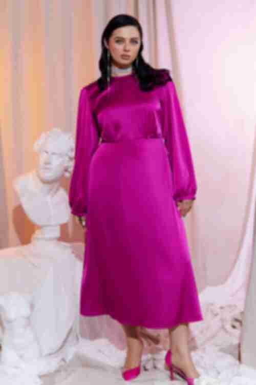Платье миди искусственный шелк розовое большой размер