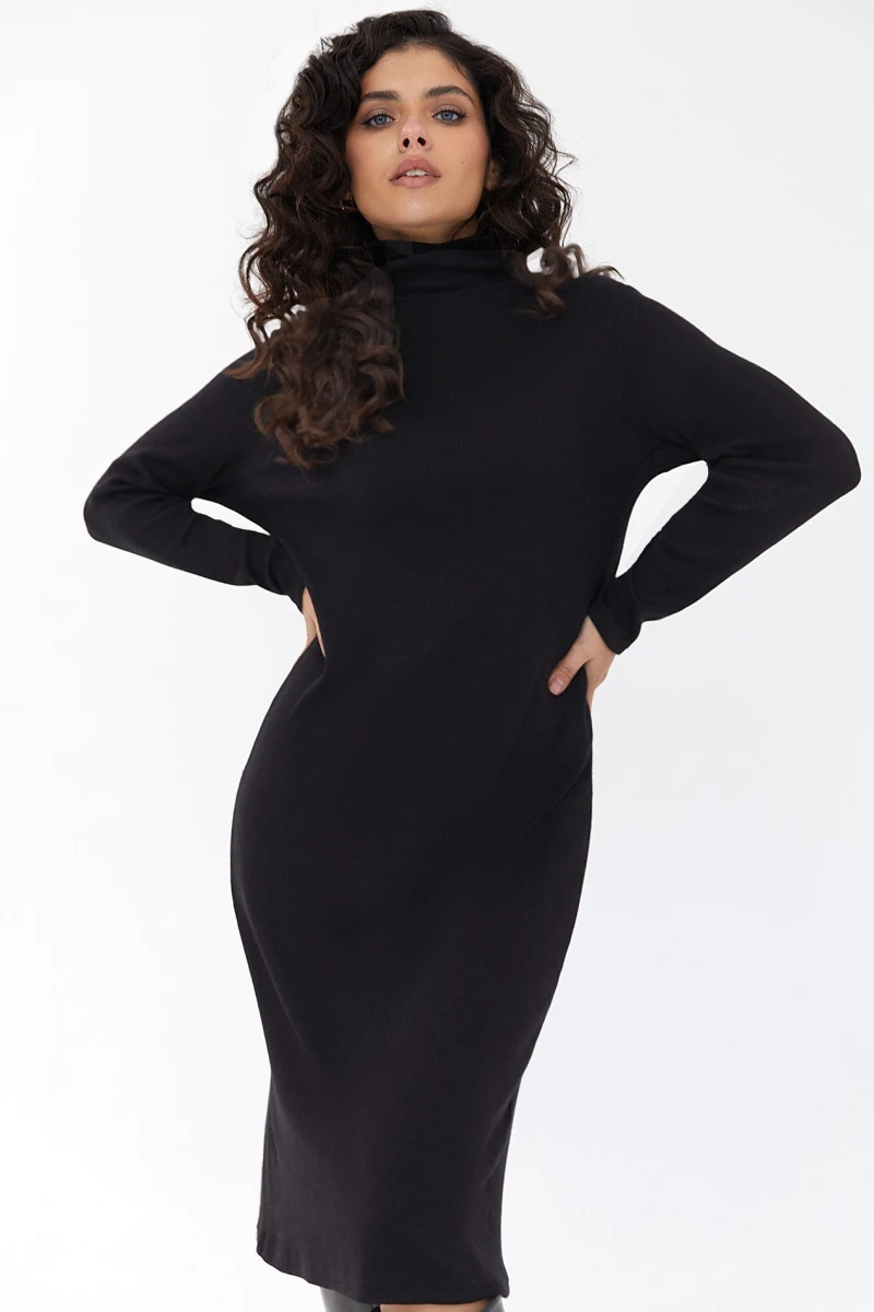 Black straight midi ribbed angora dress with a turtleneck #2
