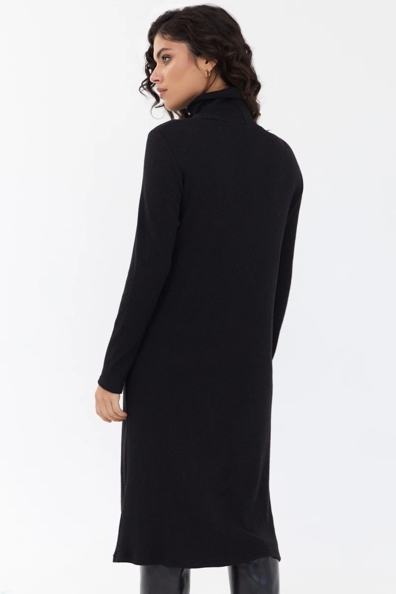 Black straight midi ribbed angora dress with a turtleneck