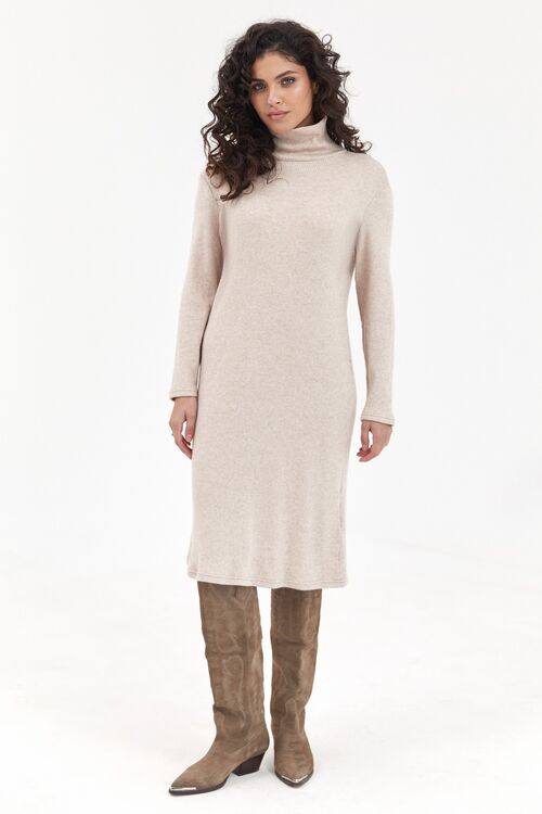 Beige straight midi ribbed angora dress with a turtleneck