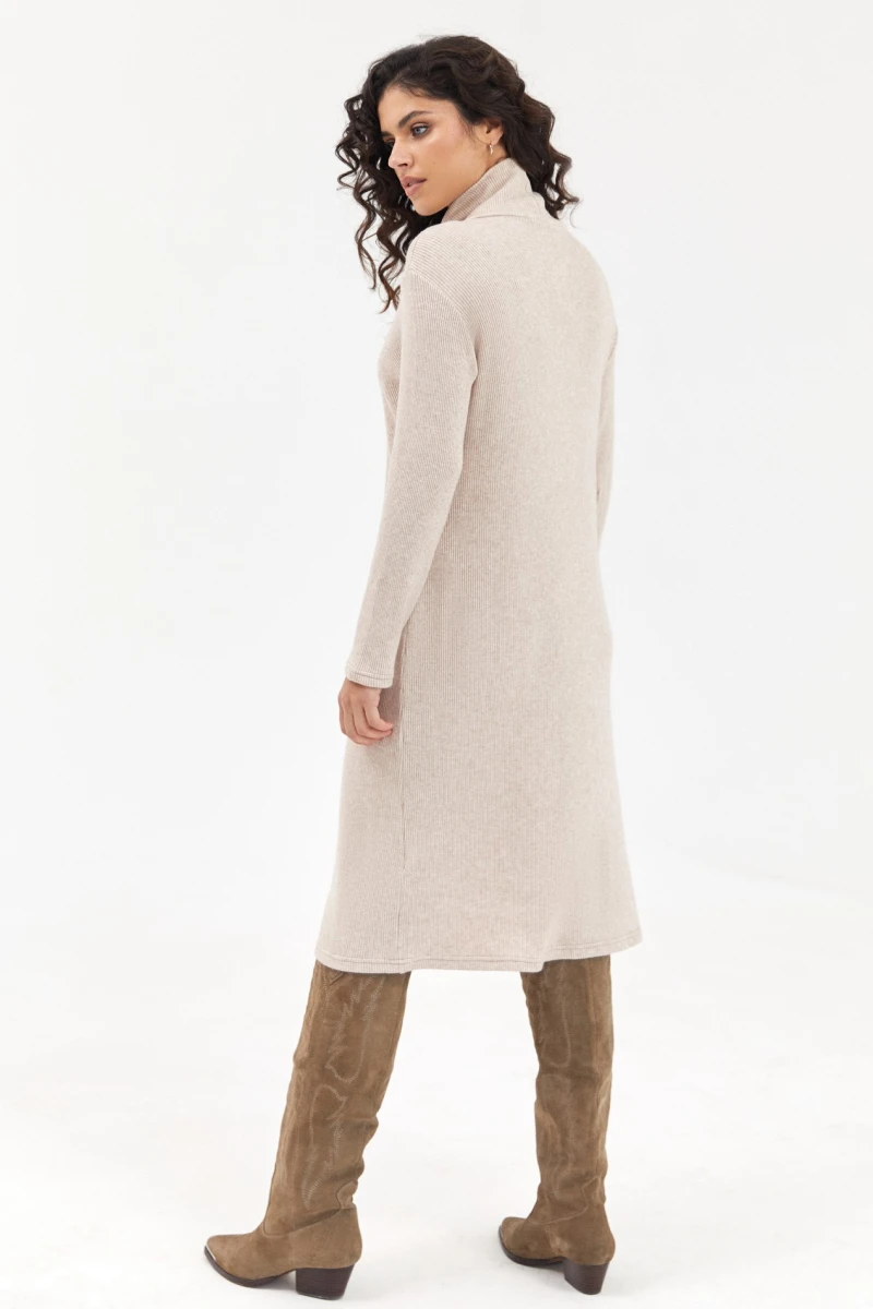 Beige straight midi ribbed angora dress with a turtleneck