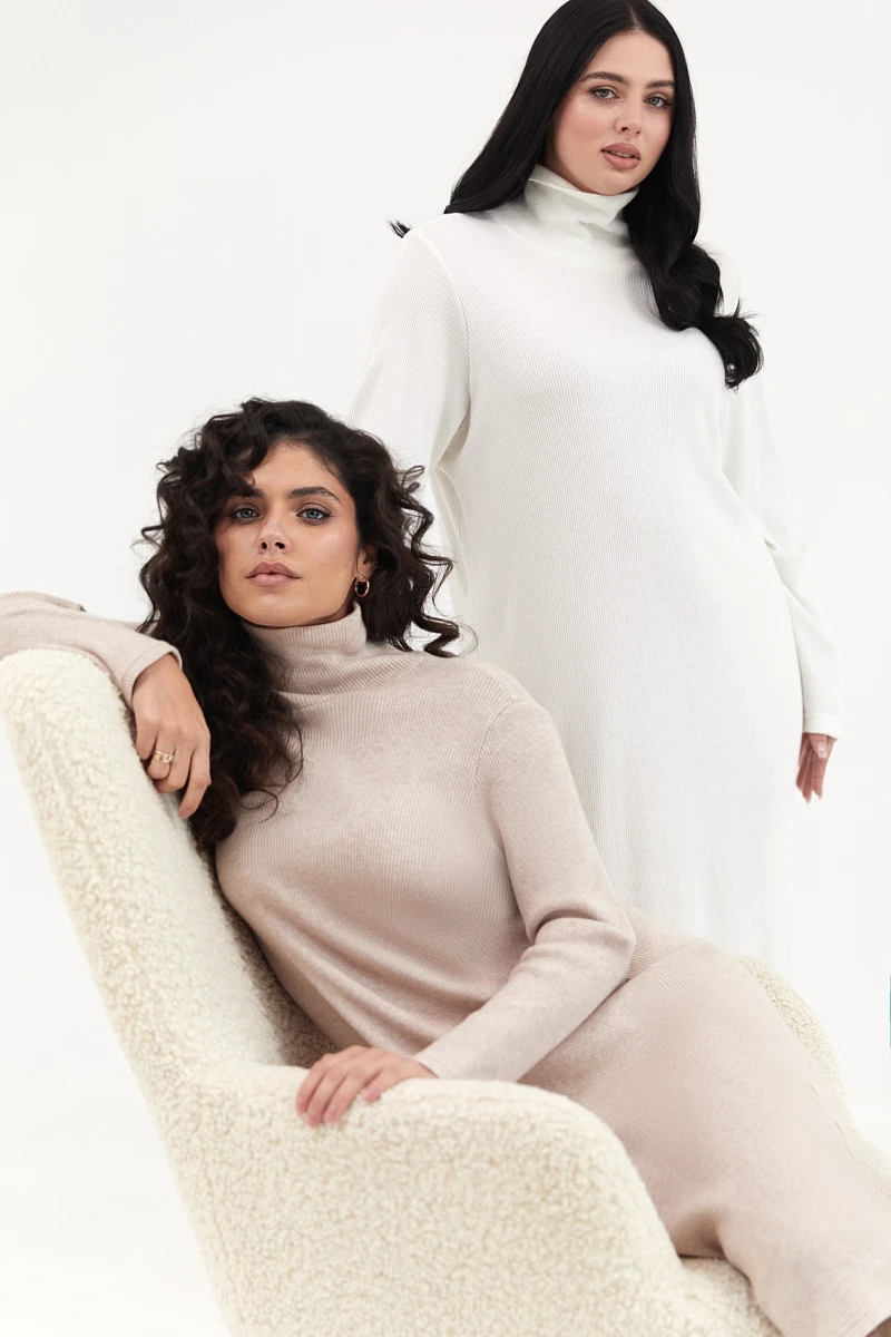 Beige straight midi ribbed angora dress with a turtleneck