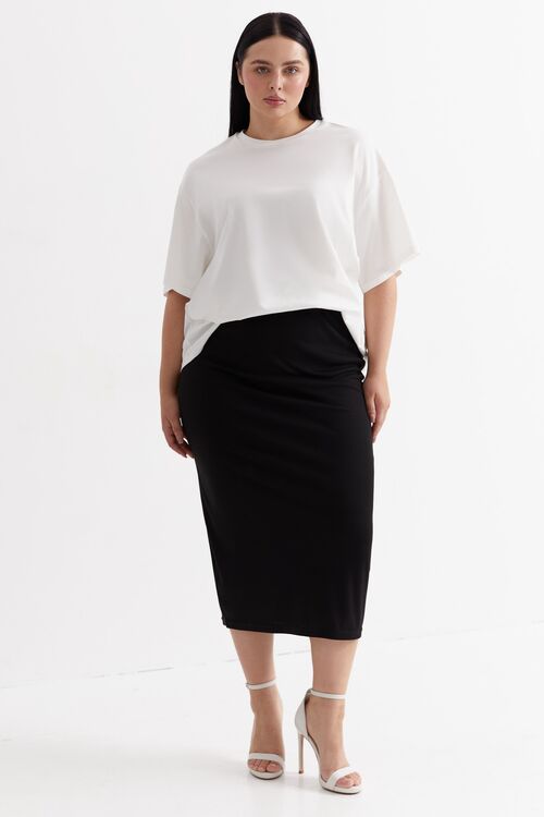 Black ribbed knitted midi skirt plus size