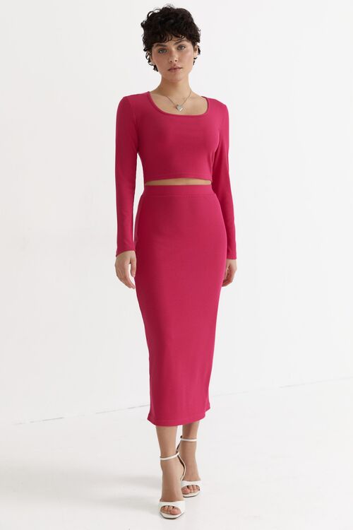 Fuchsia ribbed knitted midi skirt