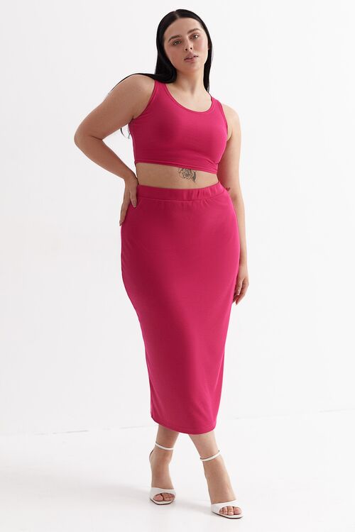 Fuchsia ribbed knitted midi skirt plus size