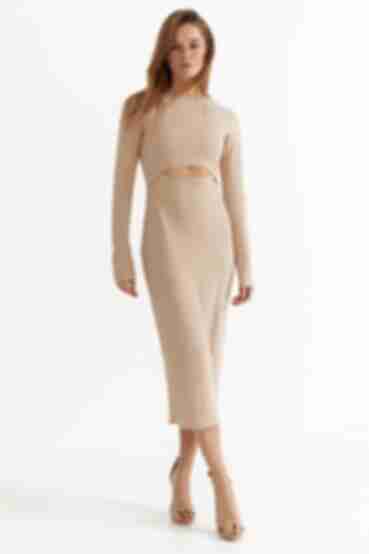 Beige midi dress made of ribbed knitted fabric