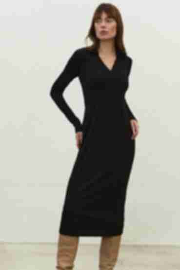 Платье-поло миди трикотажное в рубчик черное