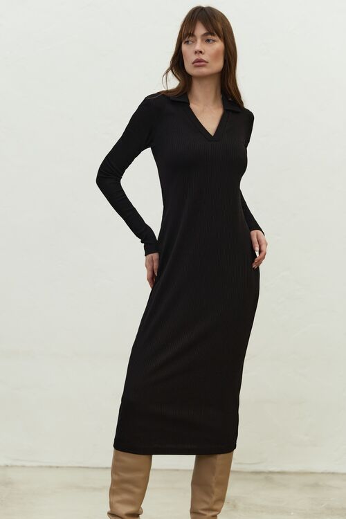 Black midi polo dress made of ribbed knitted fabric