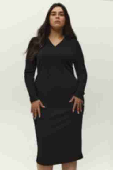 Black midi polo dress made of ribbed knitted fabric plus size