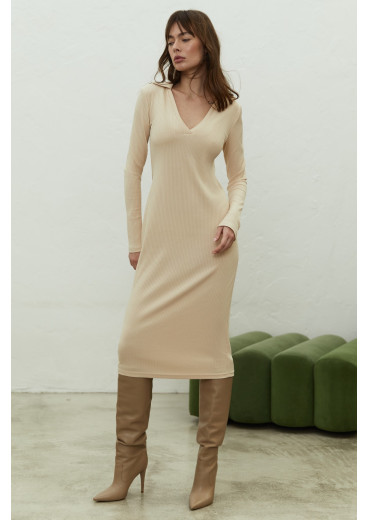 Beige midi polo dress made of ribbed knitted fabric