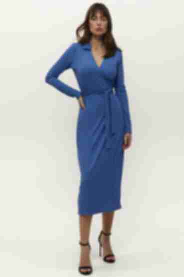 Denim midi wrap dress made of ribbed knitted fabric