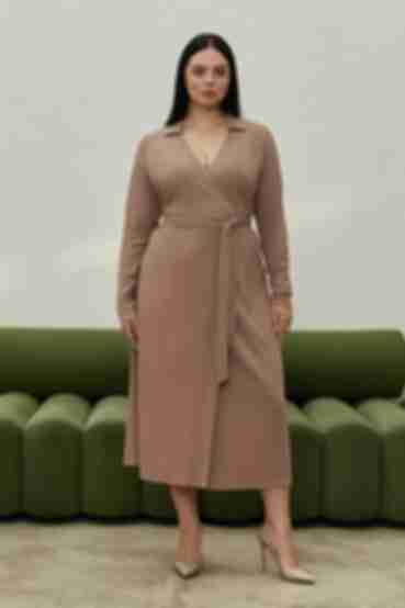 Mocha midi wrap dress made of ribbed knitted fabric plus size