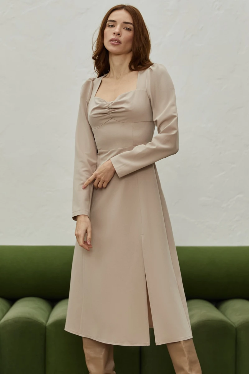 Beige midi dress with slit made of suiting fabric #2