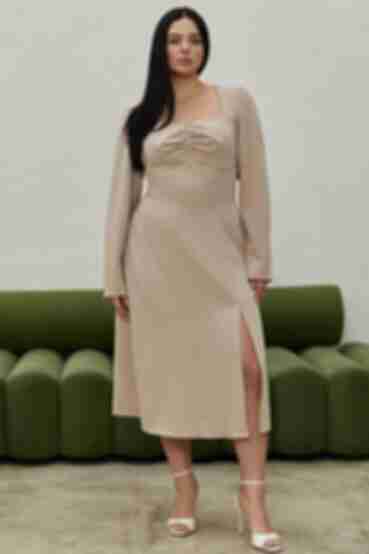 Beige midi dress with slit made of suiting fabric plus size