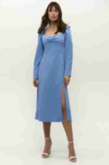 Sky blue midi dress with slit made of suiting fabric