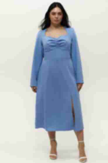 Sky blue midi dress with slit made of suiting fabric plus size