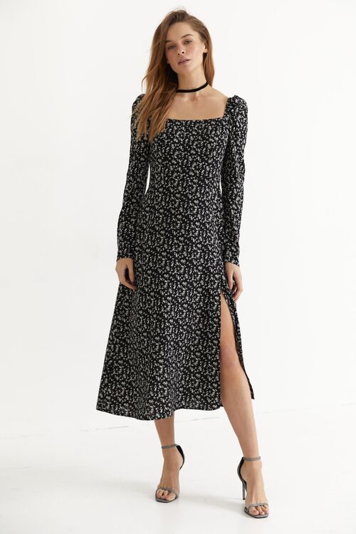 Black midi staple cotton dress in milky small flowers