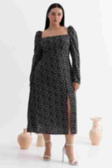 Платье миди штапель молочный мелкоцвет на черном большой размер