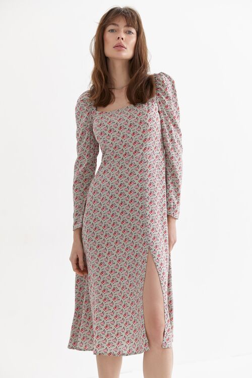 Sage midi staple cotton dress in light pink and red flowers