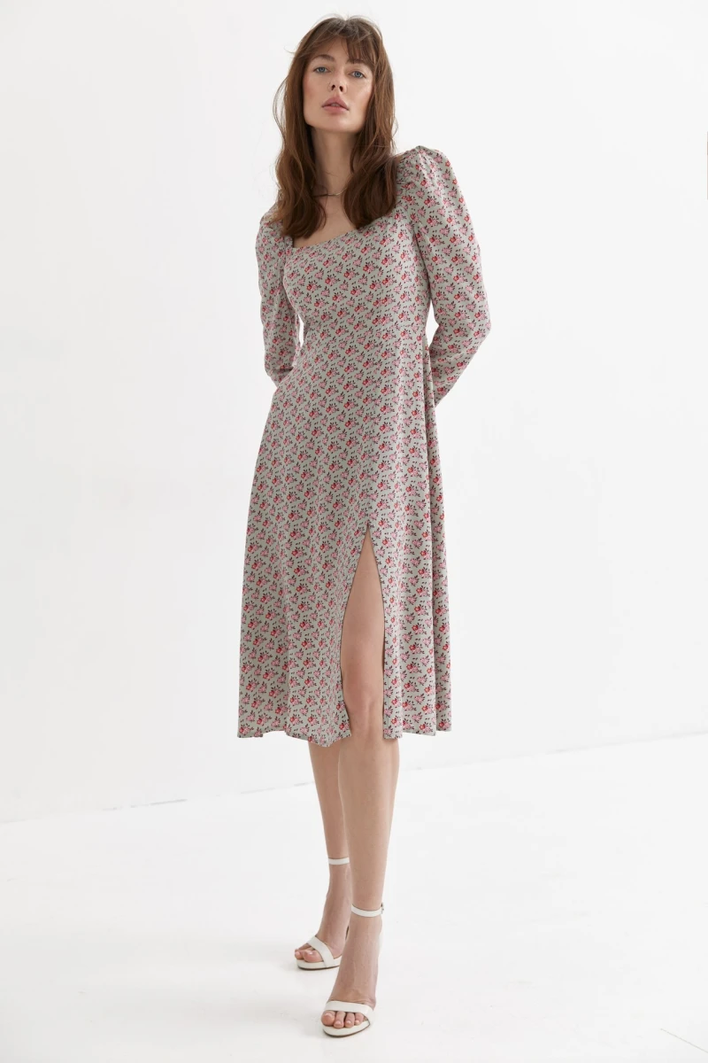 Sage midi staple cotton dress in light pink and red flowers
