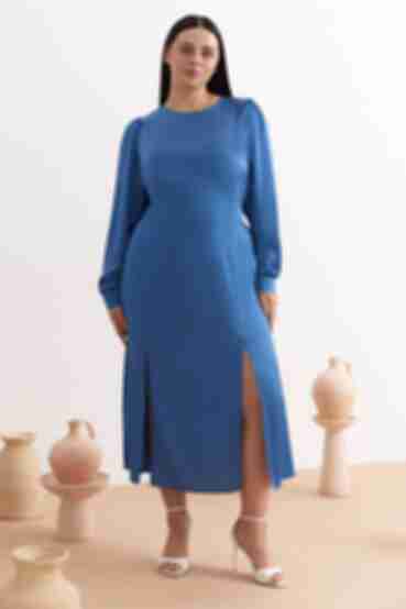 Платье миди искусственный шелк синее большой размер