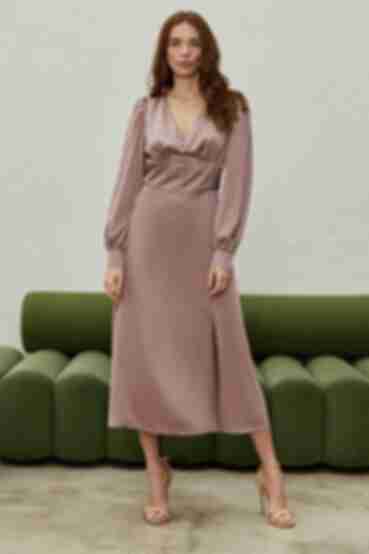 Mocha midi dress with buttons made of artificial silk