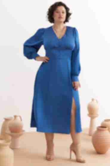Blue midi dress with buttons made of artificial silk plus size