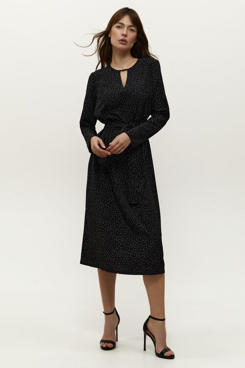 Black midi soft rayon dress with shaped neckline in milky dots