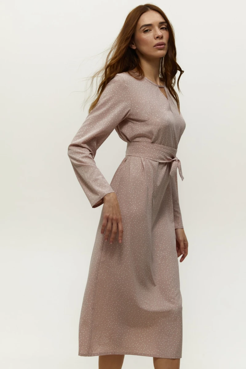 Beige midi soft rayon dress with shaped neckline in milky dots