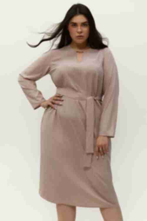Beige midi soft rayon dress with shaped neckline in milky dots plus size