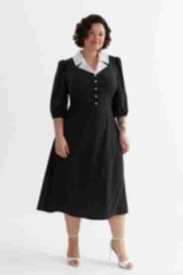 Платье деми с воротником софт белый горох на черном большой размер