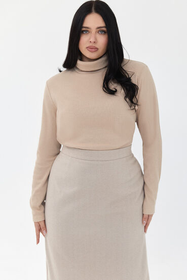 Beige ribbed turtleneck made of knitted fabric with fleece plus size